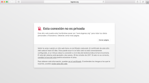 Alerta de seguridad desde el navegador Safari indicando riesgo de seguridad y certificado caducado